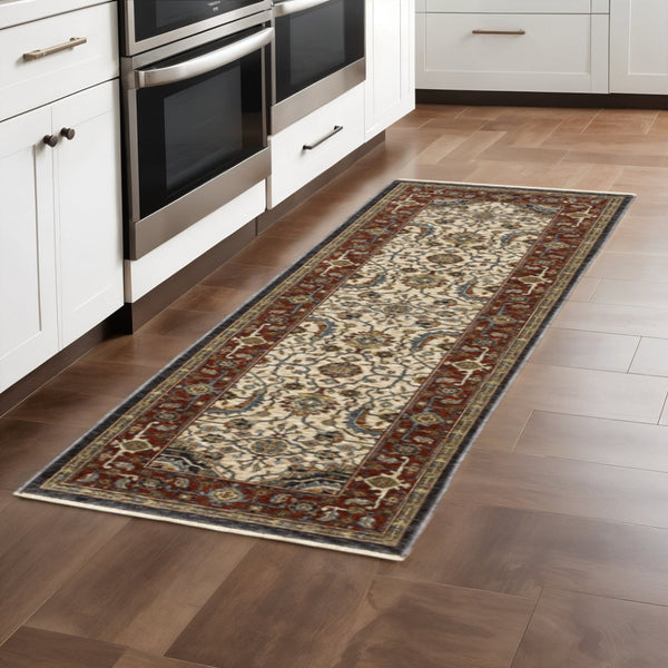 HomeRoots 2' Ivory Beige Navy Red Green Blue Gold Oriental Runner Rug - Stain Resistant & Elegant Design 2'3" x 7'6" 508031