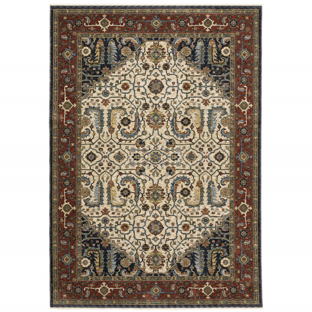 Homeroots 3' X 5' Ivory Beige Red Blue Gold Green And Navy Oriental Power Loom Stain Resistant Area Rug With Fringe  Polyester 508033