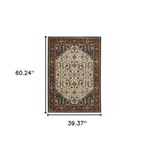 HomeRoots 2' Ivory Beige Navy Red Green Blue Gold Oriental Runner Rug - Stain Resistant & Elegant Design 3' x 5' 508033