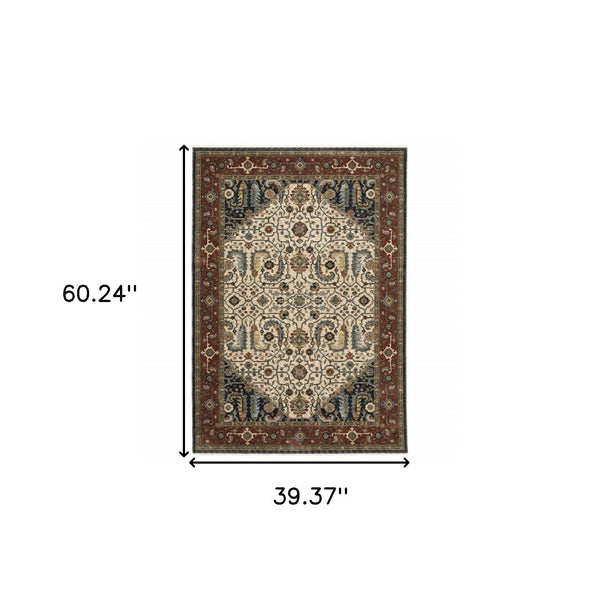 HomeRoots 2' Ivory Beige Navy Red Green Blue Gold Oriental Runner Rug - Stain Resistant & Elegant Design 3' x 5' 508033