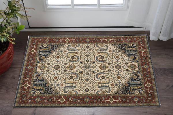 HomeRoots 2' Ivory Beige Navy Red Green Blue Gold Oriental Runner Rug - Stain Resistant & Elegant Design 3' x 5' 508033