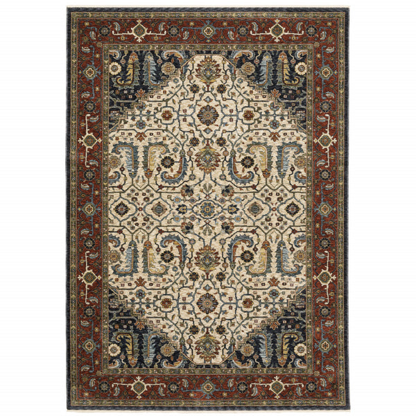 Homeroots 5' X 8' Ivory Beige Red Blue Gold Green And Navy Oriental Power Loom Stain Resistant Area Rug With Fringe  Polyester 508034