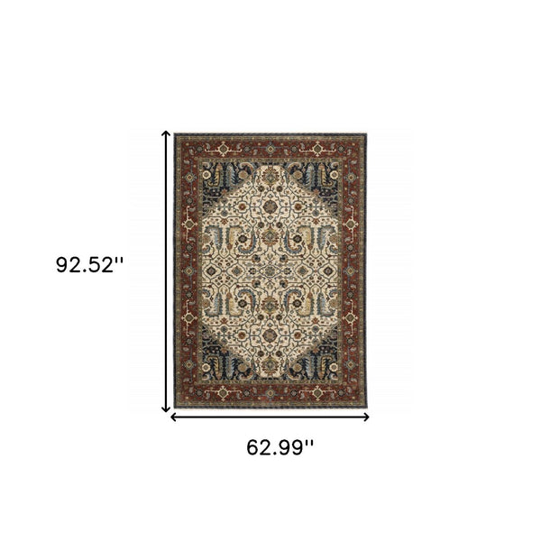HomeRoots 2' Ivory Beige Navy Red Green Blue Gold Oriental Runner Rug - Stain Resistant & Elegant Design 5' X 8' 508034