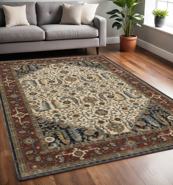 HomeRoots 2' Ivory Beige Navy Red Green Blue Gold Oriental Runner Rug - Stain Resistant & Elegant Design 5' X 8' 508034