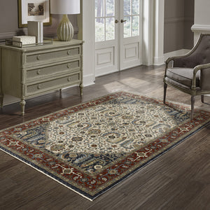 Homeroots 5' X 8' Ivory Beige Red Blue Gold Green And Navy Oriental Power Loom Stain Resistant Area Rug With Fringe  Polyester 508034