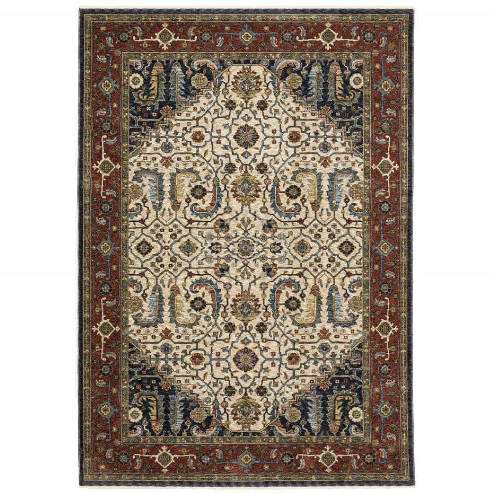 HomeRoots 2' Ivory Beige Navy Red Green Blue Gold Oriental Runner Rug - Stain Resistant & Elegant Design 7' X 10' 508035