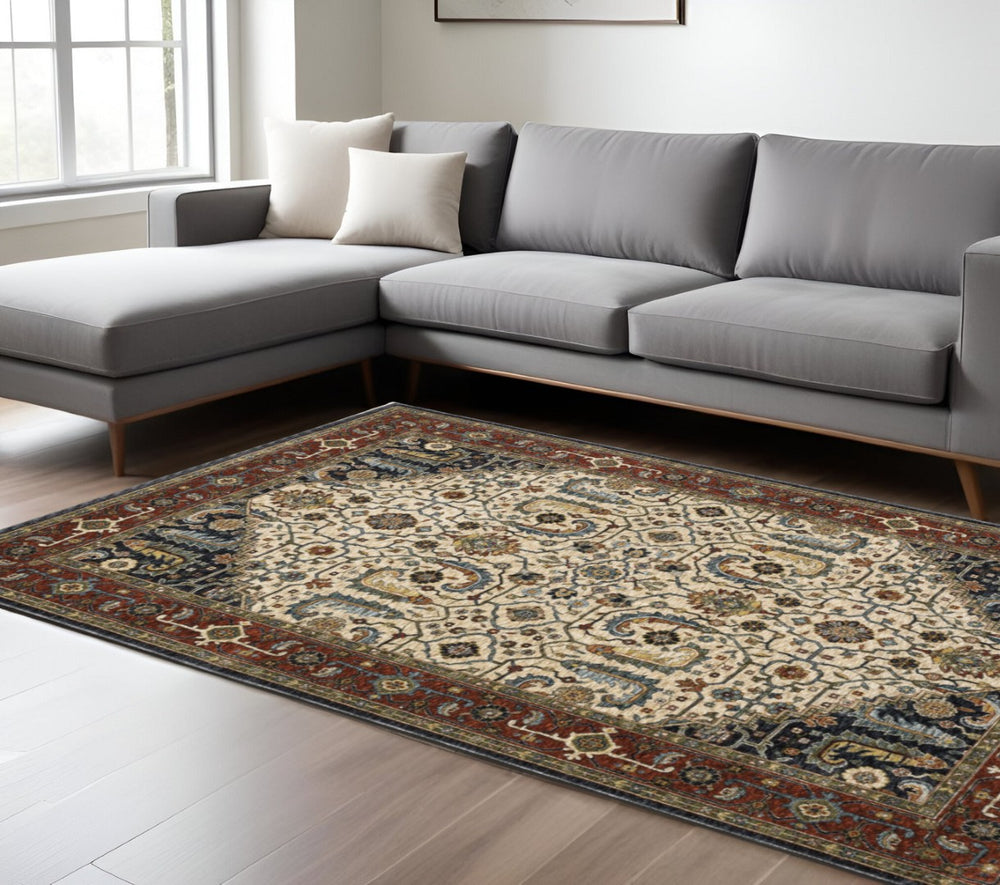 HomeRoots 2' Ivory Beige Navy Red Green Blue Gold Oriental Runner Rug - Stain Resistant & Elegant Design 7' X 10' 508035