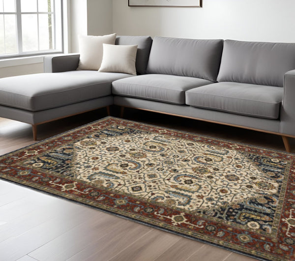 HomeRoots 2' Ivory Beige Navy Red Green Blue Gold Oriental Runner Rug - Stain Resistant & Elegant Design 10' X 13' 508037