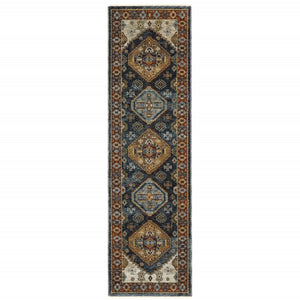 HomeRoots 2' Blue and Beige Oriental Power Loom Runner Rug - Elegant Fringe Design for High-Traffic Areas 2'3" x 7'6" 508038