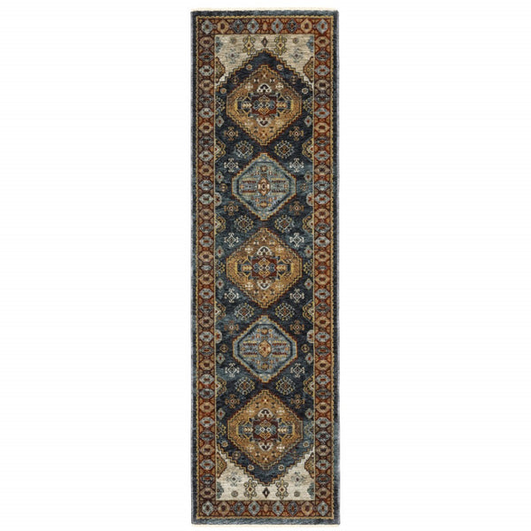 HomeRoots 2' Blue and Beige Oriental Power Loom Runner Rug - Elegant Fringe Design for High-Traffic Areas 2'3" x 7'6" 508038