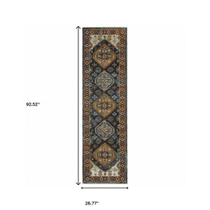 HomeRoots 2' Blue and Beige Oriental Power Loom Runner Rug - Elegant Fringe Design for High-Traffic Areas 2'3" x 7'6" 508038