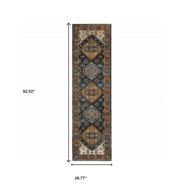 HomeRoots 2' Blue and Beige Oriental Power Loom Runner Rug - Elegant Fringe Design for High-Traffic Areas 2'3" x 7'6" 508038