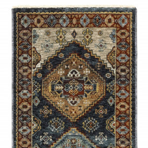 HomeRoots 2' Blue and Beige Oriental Power Loom Runner Rug - Elegant Fringe Design for High-Traffic Areas 2'3" x 7'6" 508038