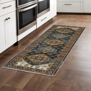 HomeRoots 2' Blue and Beige Oriental Power Loom Runner Rug - Elegant Fringe Design for High-Traffic Areas 2'3" x 7'6" 508038
