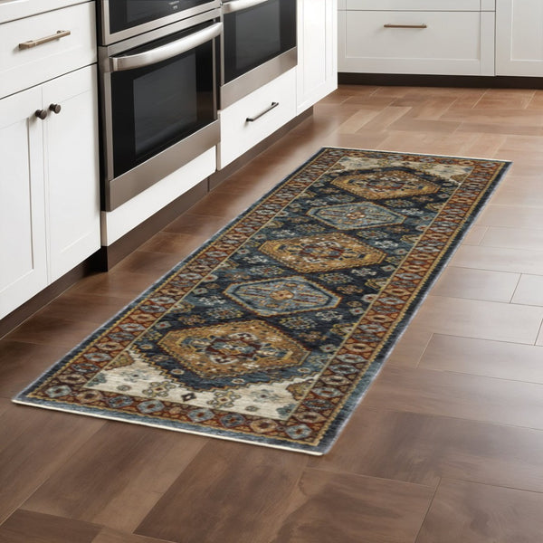 HomeRoots 2' Blue and Beige Oriental Power Loom Runner Rug - Elegant Fringe Design for High-Traffic Areas 2'3" x 7'6" 508038
