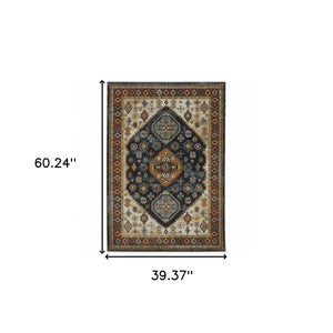 HomeRoots 2' Blue and Beige Oriental Power Loom Runner Rug - Elegant Fringe Design for High-Traffic Areas 3' x 5' 508040