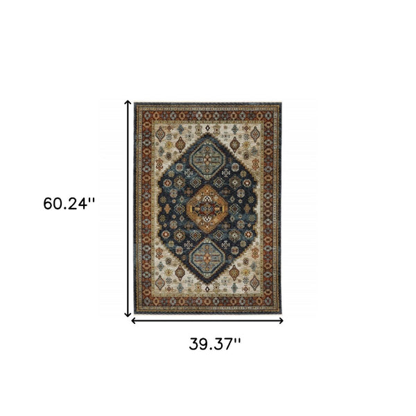 HomeRoots 2' Blue and Beige Oriental Power Loom Runner Rug - Elegant Fringe Design for High-Traffic Areas 3' x 5' 508040