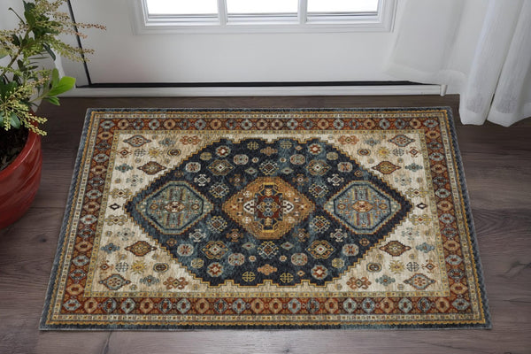 HomeRoots 2' Blue and Beige Oriental Power Loom Runner Rug - Elegant Fringe Design for High-Traffic Areas 3' x 5' 508040