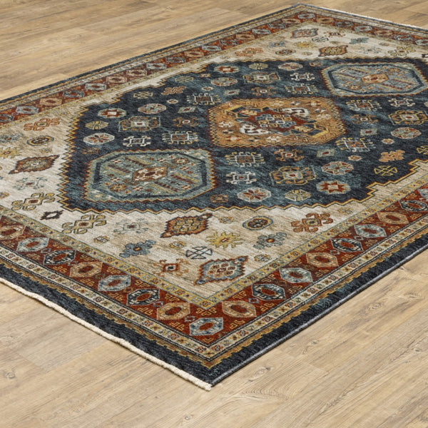 HomeRoots 2' Blue and Beige Oriental Power Loom Runner Rug - Elegant Fringe Design for High-Traffic Areas 3' x 5' 508040