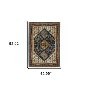 HomeRoots 2' Blue and Beige Oriental Power Loom Runner Rug - Elegant Fringe Design for High-Traffic Areas 5' X 8' 508041
