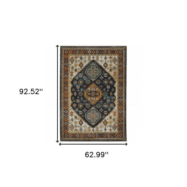 HomeRoots 2' Blue and Beige Oriental Power Loom Runner Rug - Elegant Fringe Design for High-Traffic Areas 5' X 8' 508041
