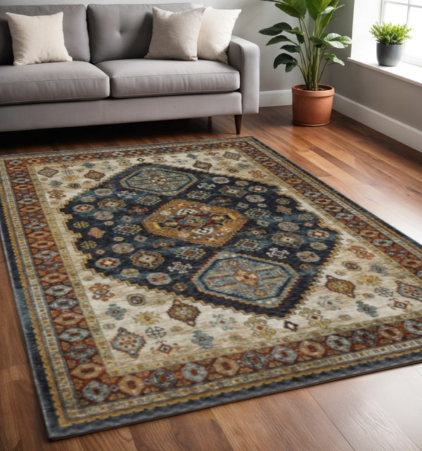 HomeRoots 2' Blue and Beige Oriental Power Loom Runner Rug - Elegant Fringe Design for High-Traffic Areas 5' X 8' 508041
