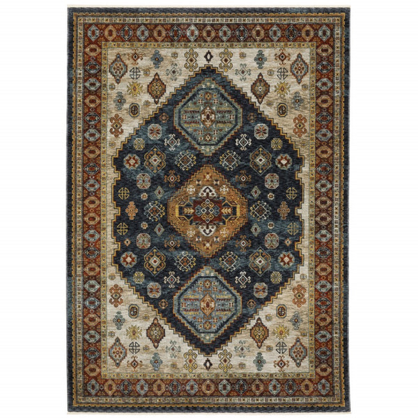 HomeRoots 2' Blue and Beige Oriental Power Loom Runner Rug - Elegant Fringe Design for High-Traffic Areas 7' X 10' 508042