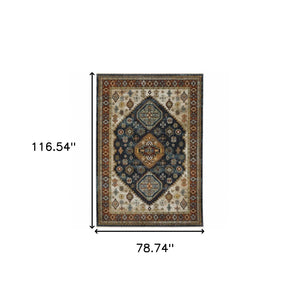 HomeRoots 2' Blue and Beige Oriental Power Loom Runner Rug - Elegant Fringe Design for High-Traffic Areas 7' X 10' 508042
