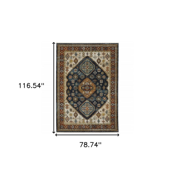 HomeRoots 2' Blue and Beige Oriental Power Loom Runner Rug - Elegant Fringe Design for High-Traffic Areas 7' X 10' 508042