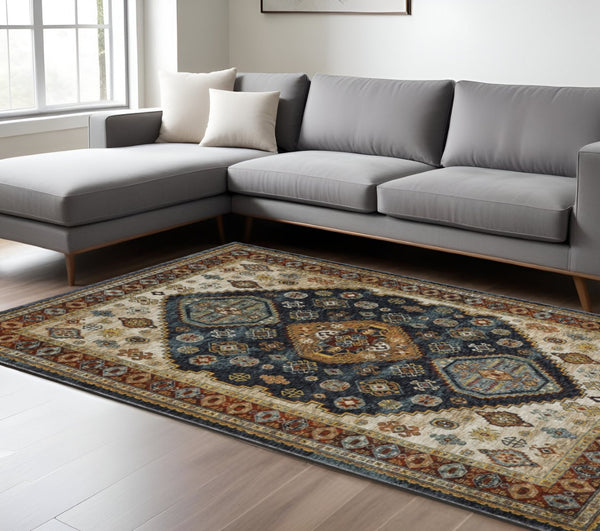 HomeRoots 2' Blue and Beige Oriental Power Loom Runner Rug - Elegant Fringe Design for High-Traffic Areas 7' X 10' 508042