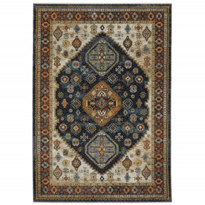 HomeRoots 2' Blue and Beige Oriental Power Loom Runner Rug - Elegant Fringe Design for High-Traffic Areas 8' X 11' 508043