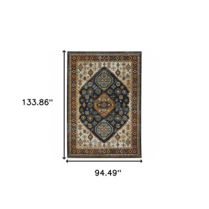 HomeRoots 2' Blue and Beige Oriental Power Loom Runner Rug - Elegant Fringe Design for High-Traffic Areas 8' X 11' 508043