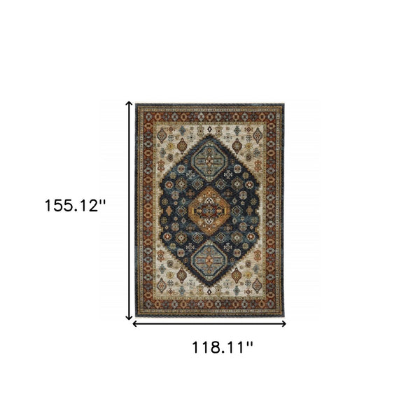 HomeRoots 2' Blue and Beige Oriental Power Loom Runner Rug - Elegant Fringe Design for High-Traffic Areas 10' X 13' 508044