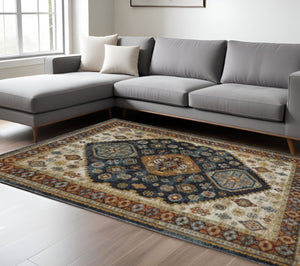 HomeRoots 2' Blue and Beige Oriental Power Loom Runner Rug - Elegant Fringe Design for High-Traffic Areas 10' X 13' 508044
