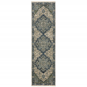 HomeRoots 2' Blue and Beige Oriental Power Loom Runner Rug - Elegant Design with Fringe for Home Décor 2'3" x 7'6" 508045