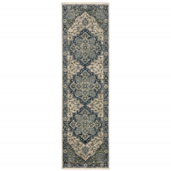 HomeRoots 2' Blue and Beige Oriental Power Loom Runner Rug - Elegant Design with Fringe for Home Décor 2'3" x 7'6" 508045