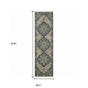 HomeRoots 2' Blue and Beige Oriental Power Loom Runner Rug - Elegant Design with Fringe for Home Décor 2'3" x 7'6" 508045