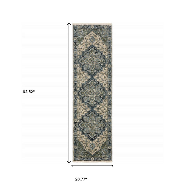 HomeRoots 2' Blue and Beige Oriental Power Loom Runner Rug - Elegant Design with Fringe for Home Décor 2'3" x 7'6" 508045
