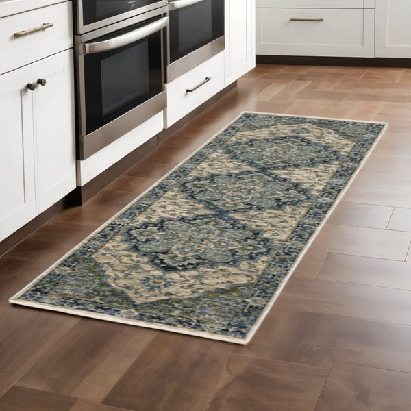 HomeRoots 2' Blue and Beige Oriental Power Loom Runner Rug - Elegant Design with Fringe for Home Décor 2'3" x 7'6" 508045