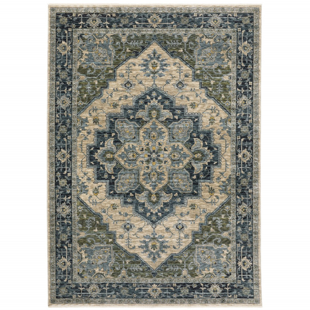 HomeRoots 2' Blue and Beige Oriental Power Loom Runner Rug - Elegant Design with Fringe for Home Décor 3' x 5' 508047