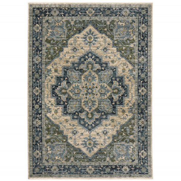HomeRoots 2' Blue and Beige Oriental Power Loom Runner Rug - Elegant Design with Fringe for Home Décor 3' x 5' 508047