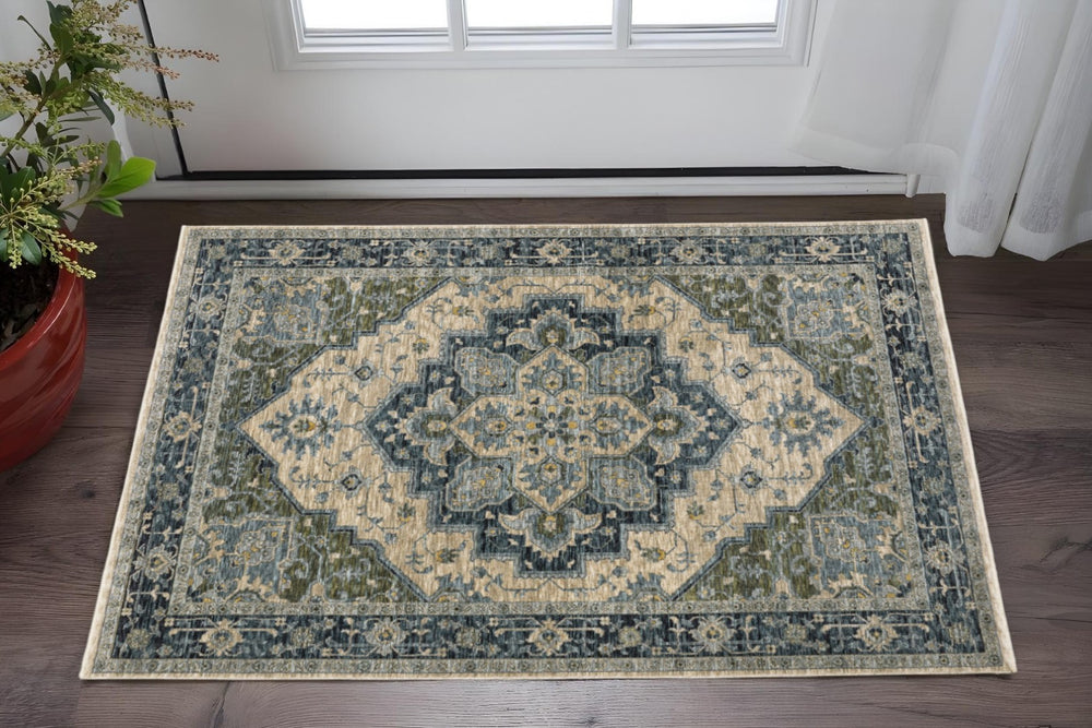 HomeRoots 2' Blue and Beige Oriental Power Loom Runner Rug - Elegant Design with Fringe for Home Décor 3' x 5' 508047