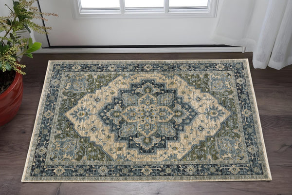HomeRoots 2' Blue and Beige Oriental Power Loom Runner Rug - Elegant Design with Fringe for Home Décor 3' x 5' 508047