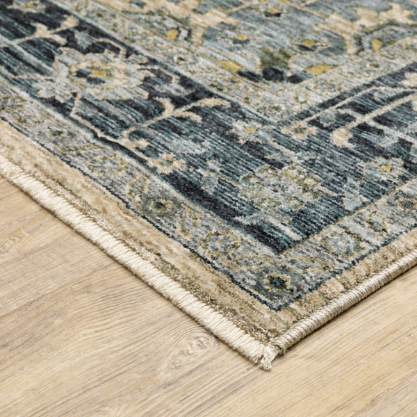 HomeRoots 2' Blue and Beige Oriental Power Loom Runner Rug - Elegant Design with Fringe for Home Décor 3' x 5' 508047