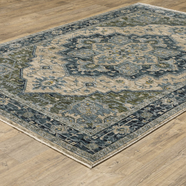 HomeRoots 2' Blue and Beige Oriental Power Loom Runner Rug - Elegant Design with Fringe for Home Décor 3' x 5' 508047