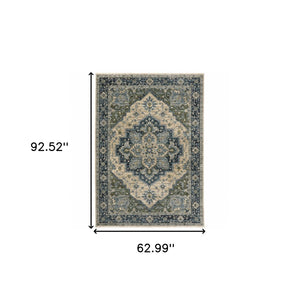 HomeRoots 2' Blue and Beige Oriental Power Loom Runner Rug - Elegant Design with Fringe for Home Décor 5' X 8' 508048