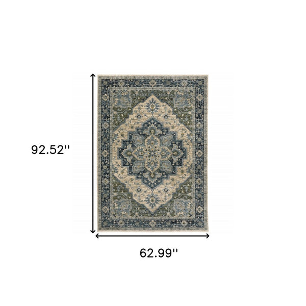 HomeRoots 2' Blue and Beige Oriental Power Loom Runner Rug - Elegant Design with Fringe for Home Décor 5' X 8' 508048