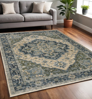 HomeRoots 2' Blue and Beige Oriental Power Loom Runner Rug - Elegant Design with Fringe for Home Décor 5' X 8' 508048