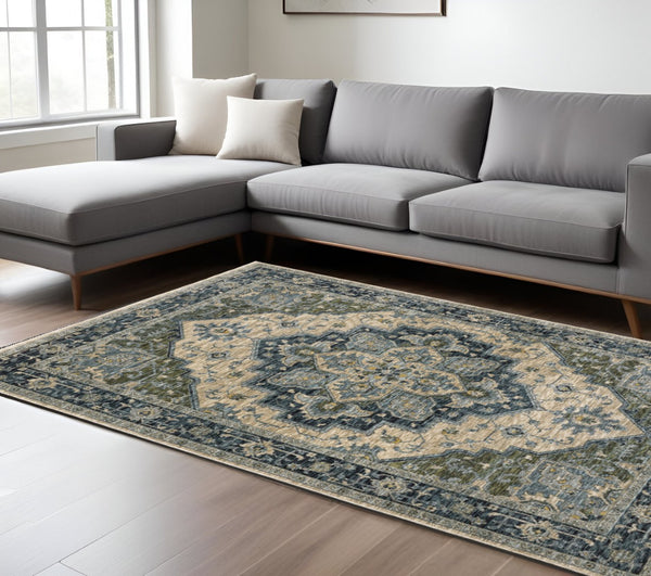 HomeRoots 2' Blue and Beige Oriental Power Loom Runner Rug - Elegant Design with Fringe for Home Décor 7' X 10' 508049
