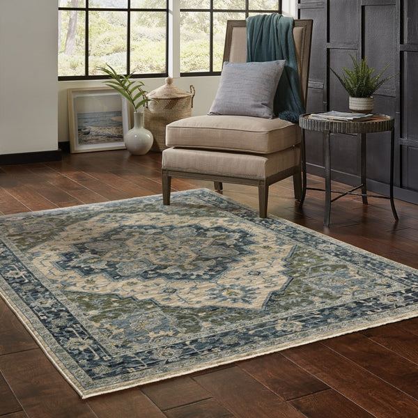 HomeRoots 2' Blue and Beige Oriental Power Loom Runner Rug - Elegant Design with Fringe for Home Décor 7' X 10' 508049
